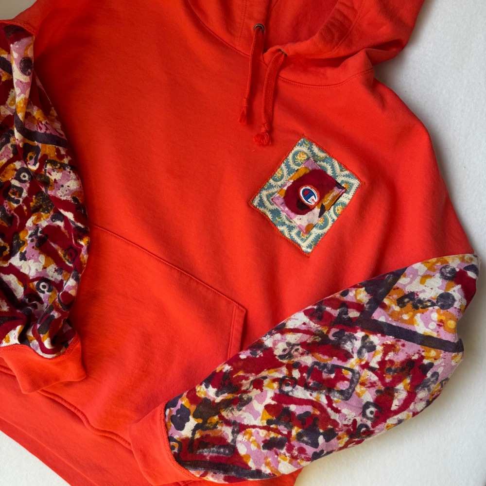 Champion Upcycled One of a Kind Hoodie Graphic Sleeve Hand Made Size 2XL orange